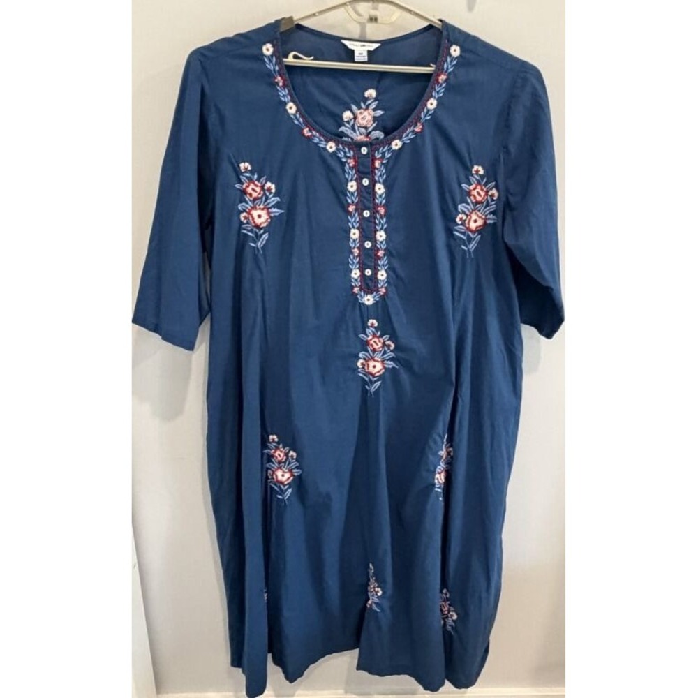 April Cornell Blue Floral Embroidered Cotton Maxi Dress W2 4X 30 32 Peasant